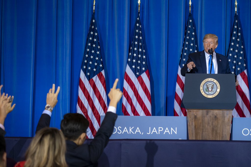 Pointing at a reporter like it's their fault the question was hard. G20 Osaka Summit.